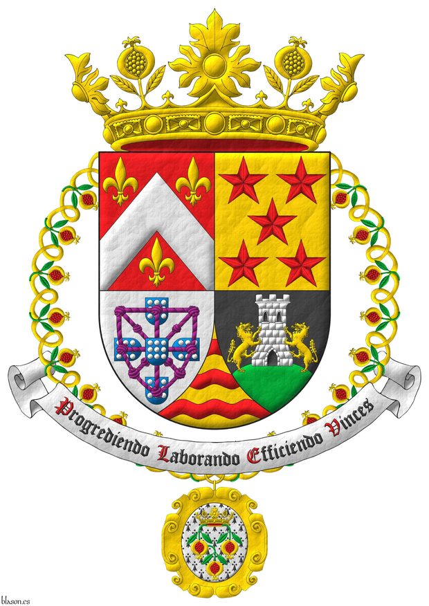 Quarterly: 1 Gules, a chevron Argent, between three fleurs de lis Or; 2 Or, five mullets in saltire Gules; 3 Argent, four escutcheons in cross Azure, each charged with nine plates, those in flank with points to center, overall a carbuncle and orle of knotted cords Purpure debruised by the center escutcheon; 4 Sable, on a mount issuant from the base Vert, a tower Argent, port, windows and masoned sable, between two wolves Or supporting it; ent� en point Or, three bars wavy Gules. Crest: a crown of the Sovereign and Most Noble Order of the Pomegranate. Motto: �Progrediendo Laborando Efficiendo Vinces�. The shield is surrounded by the collar of the Sovereign and Most Noble Order of the Pomegranate.