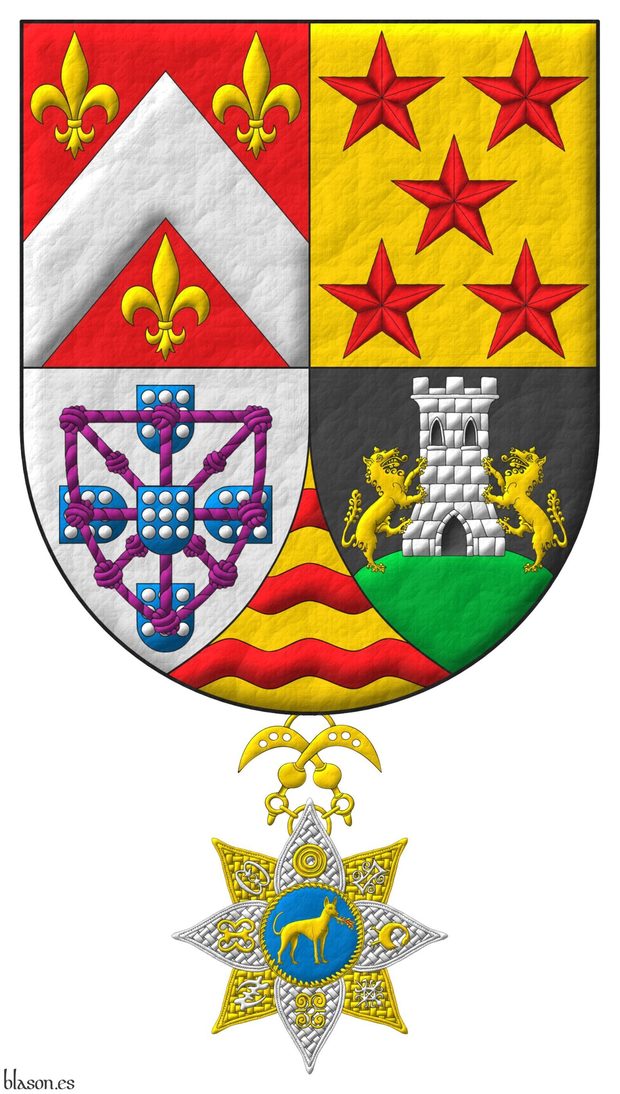 Quarterly: 1 Gules, a chevron Argent, between three fleurs de lis Or [for Fraz�o]; 2 Or, five mullets in saltire Gules [for Coutinho]; 3 Argent, four escutcheons in cross Azure, each charged with nine plates, those in flank with points to center, overall a carbuncle and orle of knotted cords Purpure debruised by the center escutcheons [for E�as]; 4 Sable, on a mount issuant from the base Vert, a tower Argent, port, windows and masoned sable, between two wolves Or supporting it [for C�mara]; ent� en point Or, three bars wavy Gules [for Drummond]. Suspended from the shield the cross of Member of The Royal Order of the Golden Fire Dog.