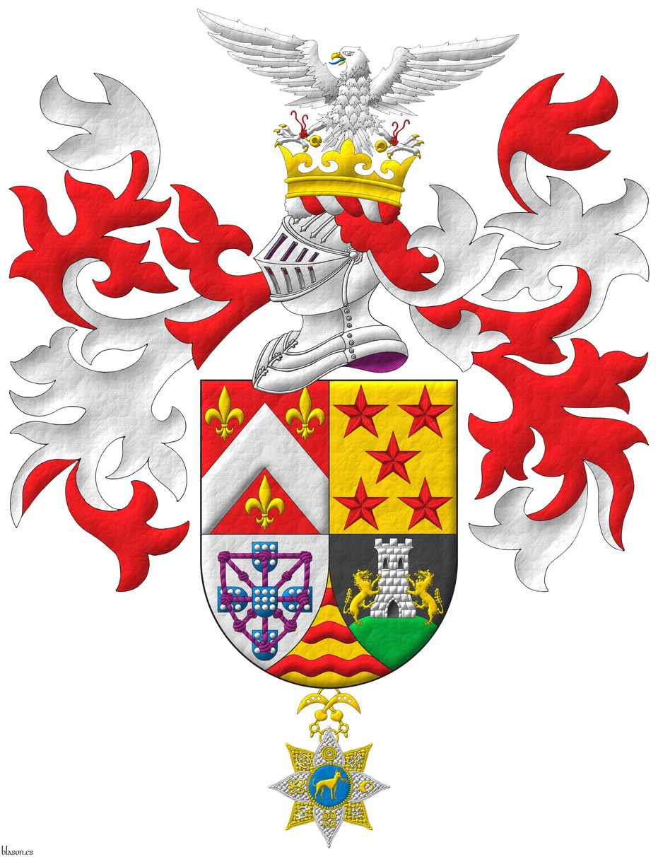 Quarterly: 1 Gules, a chevron Argent, between three fleurs de lis Or; 2 Or, five mullets in saltire Gules; 3 Argent, four escutcheons in cross Azure, each charged with nine plates, those in flank with points to center, overall a carbuncle and orle of knotted cords Purpure debruised by the center escutcheon; 4 Sable, on a mount issuant from the base Vert, a tower Argent, port, windows and masoned sable, between two wolves Or supporting it; ent� en point Or, three bars wavy Gules. Crest: Upon a helm, with a wreath Argent and Gules, on an ancient coronet Or, a falcon Argent, jessed Gules, langued Azure, armed, beaked and belled Or. Mantling: Gules doubled Argent. Suspended from the shield the cross of Member of The Royal Order of the Golden Fire Dog.