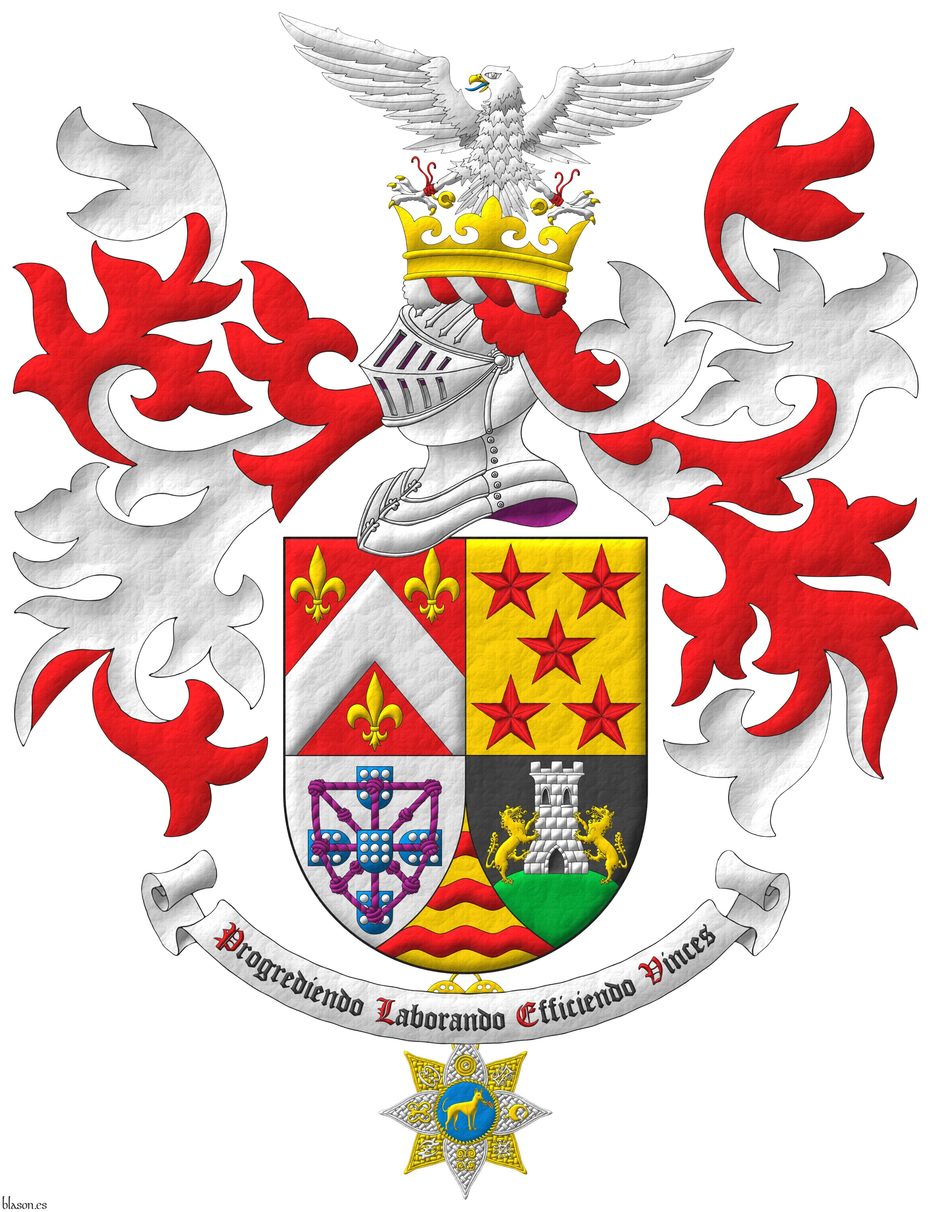Escudo cuartelado: 1o de Gules, un cabrio de plata acompa�ado de tres flores de lis de oro; 2o de oro, cinco estrellas de seis puntas en sotuer de gules; 3o de plata, cuatro escudetes en cruz de azur, cada uno cargado de nueve bezantes de plata, 3, 3, 3, los dos escudetes de los flancos puestos en faja apuntando al del centro, brochante sobre el todo un carbunclo de cuerdas, orlado y anudado de p�rpura, y brochante sobre el todo del todo, un quinto escudete como los anteriores; 4o de sable, un monte moviente de la punta de sinople, sumado de una torre de plata, aclarada y mazonada de sable, con dos lobos de oro empinados a ella; Entado en punta de oro, tres fajas ondadas de gules. Timbrado de un yelmo adornado de dos lambrequines de gules doblados de plata, un burelete de plata y gules, cimado de una corona antigua de oro sumada de un halc�n de plata, avesado de gules, lampasado de azur, armado, picado y cascabelado de oro. Lema: �Progrediendo Laborando Efficiendo Vinces�. Pendiente de la punta la cruz de miembro de la Real Orden del Golden Fire Dog.