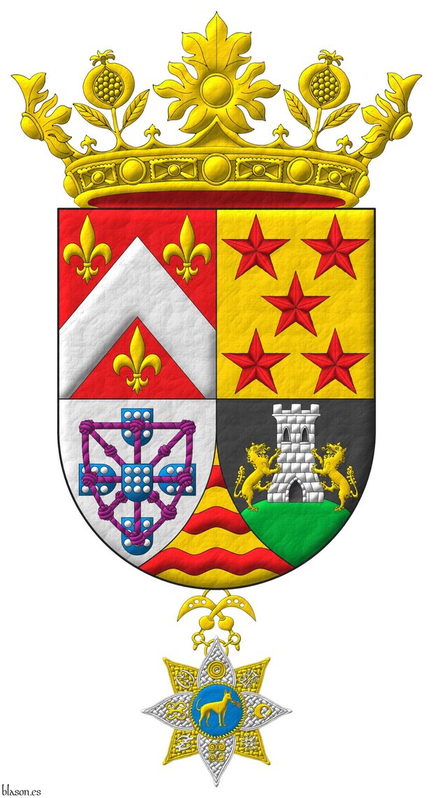 Quarterly: 1 Gules, a chevron Argent, between three fleurs de lis Or; 2 Or, five mullets in saltire Gules; 3 Argent, four escutcheons in cross Azure, each charged with nine plates, those in flank with points to center, overall a carbuncle and orle of knotted cords Purpure debruised by the center escutcheon; 4 Sable, on a mount issuant from the base Vert, a tower Argent, port, windows and masoned sable, between two wolves Or supporting it; ent� en point Or, three bars wavy Gules. Crest: a crown of the Soberana y Muy Noble Orden de la Granada. Suspended from the shield the cross of Member of The Royal Order of the Golden Fire Dog.