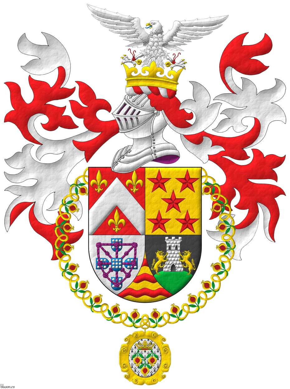 Quarterly: 1 Gules, a chevron Argent, between three fleurs de lis Or; 2 Or, five mullets in saltire Gules; 3 Argent, four escutcheons in cross Azure, each charged with nine plates, those in flank with points to center, overall a carbuncle and orle of knotted cords Purpure debruised by the center escutcheon; 4 Sable, on a mount issuant from the base Vert, a tower Argent, port, windows and masoned sable, between two wolves Or supporting it; ent� en point Or, three bars wavy Gules. Crest: Upon a helm, with a wreath Argent and Gules, on an ancient coronet Or, a falcon Argent, jessed Gules, langued Azure, armed, beaked and belled Or. Mantling: Gules doubled Argent. The shield is surrounded by the collar of the Sovereign and Most Noble Order of the Pomegranate.