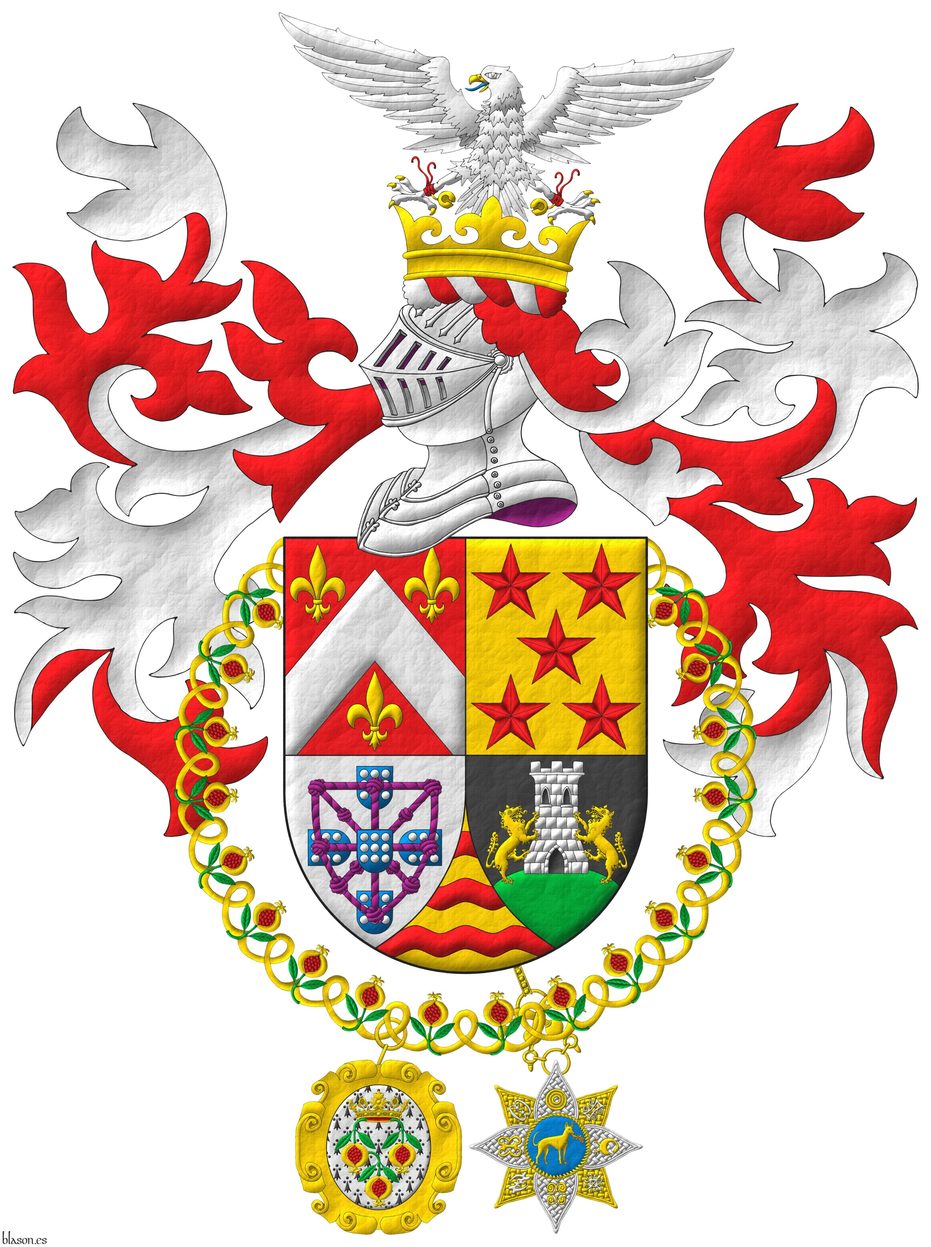 Quarterly: 1 Gules, a chevron Argent, between three fleurs de lis Or; 2 Or, five mullets in saltire Gules; 3 Argent, four escutcheons in cross Azure, each charged with nine plates, those in flank with points to center, overall a carbuncle and orle of knotted cords Purpure debruised by the center escutcheon; 4 Sable, on a mount issuant from the base Vert, a tower Argent, port, windows and masoned sable, between two wolves Or supporting it; ent� en point Or, three bars wavy Gules. Crest: Upon a helm, with a wreath Argent and Gules, on an ancient coronet Or, a falcon Argent, jessed Gules, langued Azure, armed, beaked and belled Or. Mantling: Gules doubled Argent. The shield is surrounded by the collar of the Sovereign and Most Noble Order of the Pomegranate. Suspended from the shield the cross of Member of The Royal Order of the Golden Fire Dog.