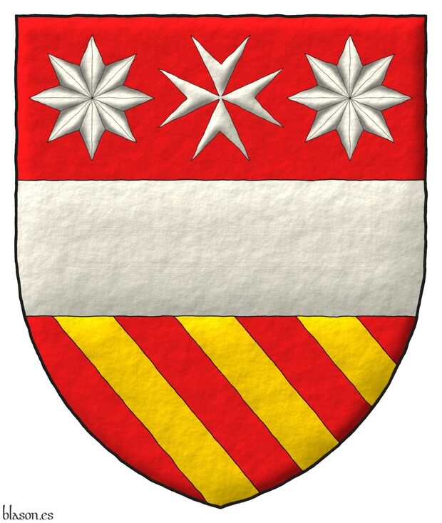Escudo de gules, una faja acompa�ada en jefe de una cruz de malta acompa�ada de dos estrellas de ocho puntas todo de plata, y en punta tres cotizas de oro.