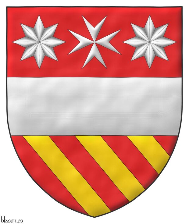 Gules, a fess between, in chief a Maltese cross between two mullets of eight points Argent, in base three bendlets Or.