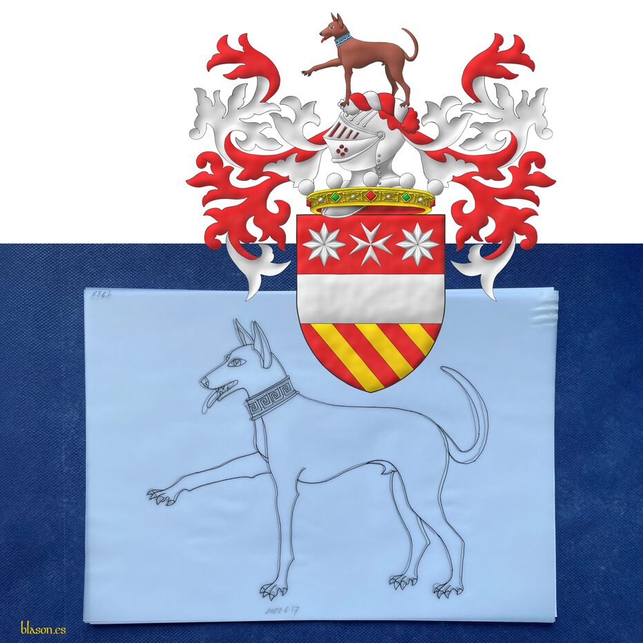 Escudo de gules, una faja acompa�ada en jefe de una cruz de malta acompa�ada de dos estrellas de ocho puntas todo de plata, y en punta tres cotizas de oro. Timbrado de un yelmo saliente de una corona de noble sumada al escudo y adornado de dos lambrequines de gules doblados de plata, un burelete de plata y gules, cimado de un podenco Cirneco del Etna al natural, acollarado de meandros de azur y plata.