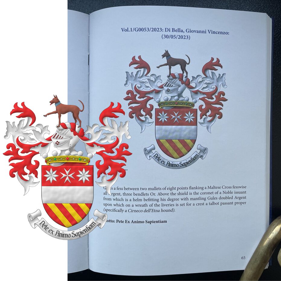 Gules, a fess between, in chief a Maltese cross between two mullets of eight points Argent, in base three bendlets Or. Crest: Upon a helm issuant from a crown of Noble above the shield a with a wreath Argent and Gules, a Cirneco dell�Etna hound passant proper, gorged of a collar of meanders motifs Azure and Argent. Mantling: Gules doubled Argent. Motto: �Pete ex Animo Sapientiam�.