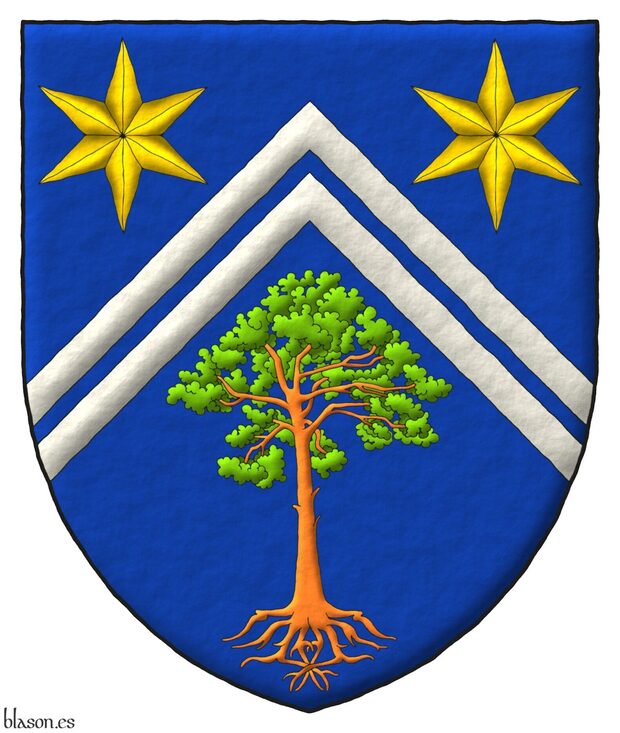 Escudo de azur, dos tenazas de plata, en cada flanco del jefe dos estrellas de seis puntas de oro y en la punta un pino silvestre (Pinus sylvestris) arrancado al natural.