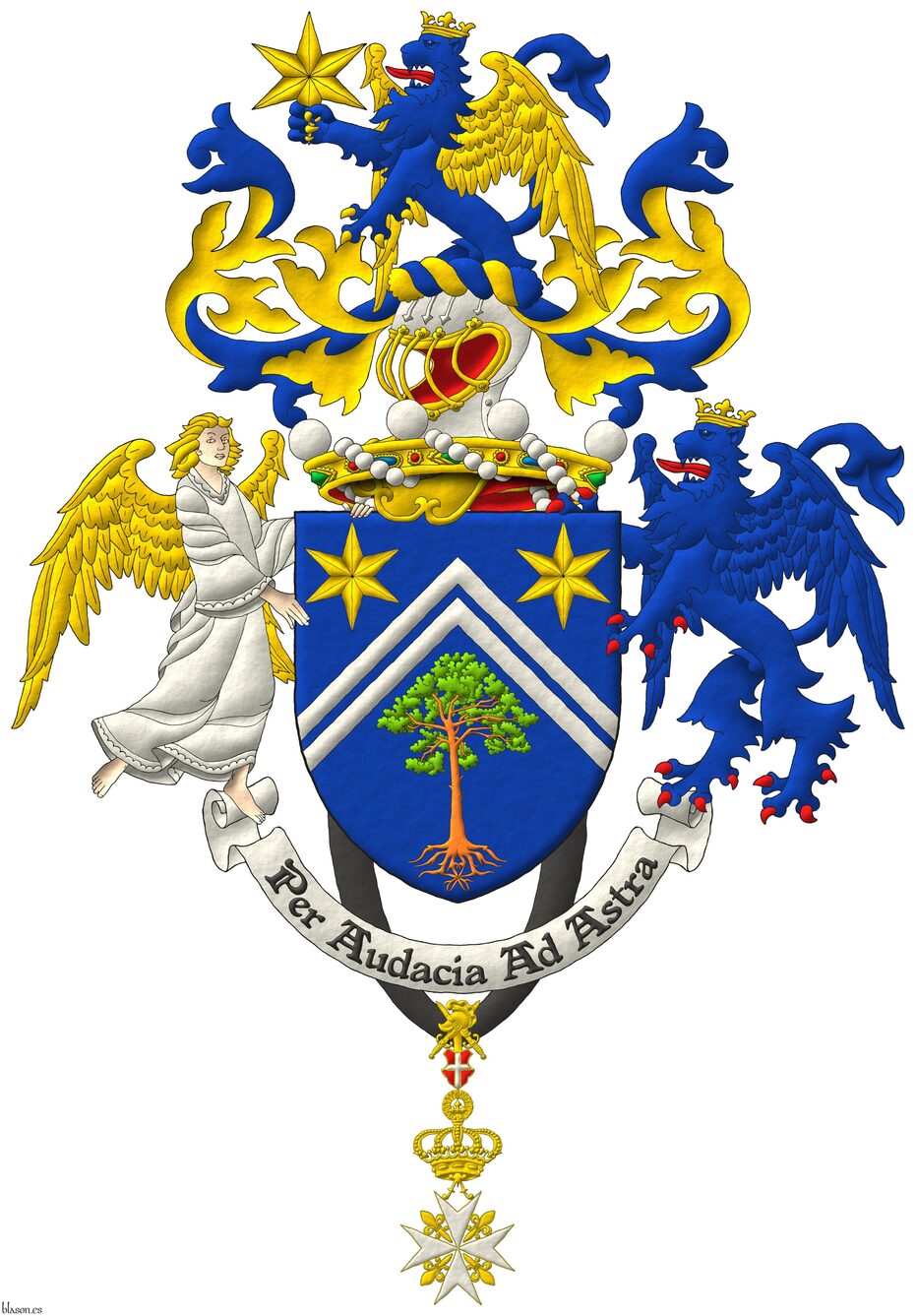 Escudo de azur, dos tenazas de plata, en cada flanco del jefe dos estrellas de seis puntas de oro y en la punta un pino silvestre (Pinus sylvestris) arrancado al natural. Timbrado de un yelmo acorde con su rango saliente de una corona de bar�n sumada al escudo y adornado de dos lambrequines de azur doblados de oro, un burelete de oro y azur, cimado de un le�n saliente de azur, lampasado de gules, alado, armado, coronado y teniendo por su punta, en su diestra, una estrella de seis puntas todo de oro. Por soportes, a la diestra, un �ngel de carnaci�n, vestido de plata, cabellado y alado de oro, y a la siniestra, un le�n alado de azur, lampasado y armado de gules, coronado de oro. Lema: �Per audacia ad astra�. Pendiente de la punta la cruz de caballero de gracia y devoci�n de la Soberana y Militar Orden Hospitalaria de San Juan de Jerusal�n de Rodas y de Malta.
