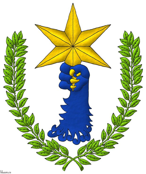 Una diestra de le�n de azur, armada y teniendo por su punta una estrella de seis puntas todo de oro, acompa�ada de dos ramas de laurel de sinople.