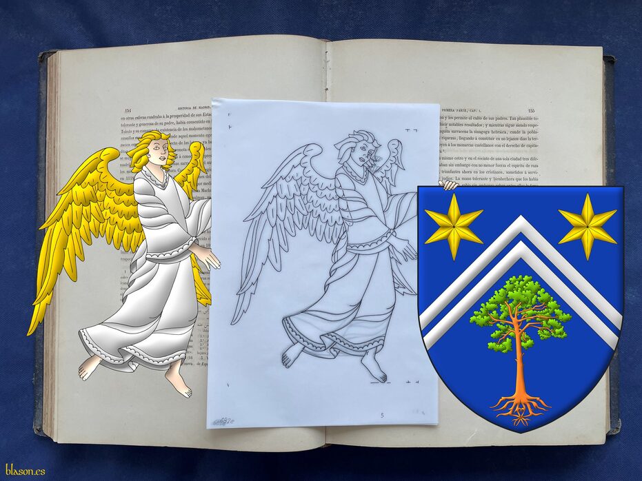 Azure, two chevronels Argent between in chief two mullets of six points Or, and in base a Scots pine eradicated proper. Supporter: Dexter, an angel proper, vested Argent, crined and winged Or.