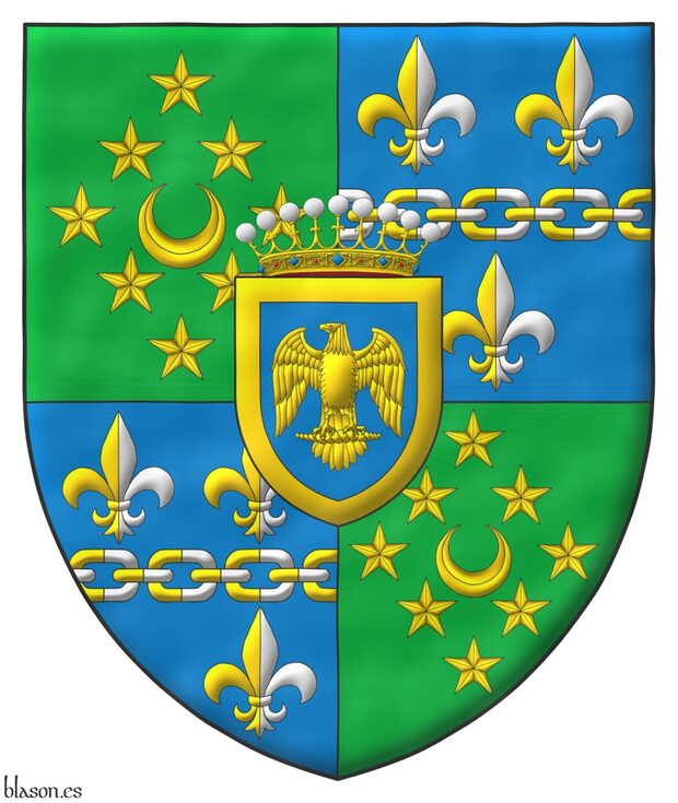 Quarterly: 1 and 4 Vert, a crescent within eight mullets in lozenge Or; 2 and 3 Azure, a chain fesswise throughout between three fleurs de lis, 2 and 1, all the links and fleurs de lis per pale Or and Argent; an inescutcheon Azure, bearing a crown of count, charged with an eagle displayed within a bordure Or.