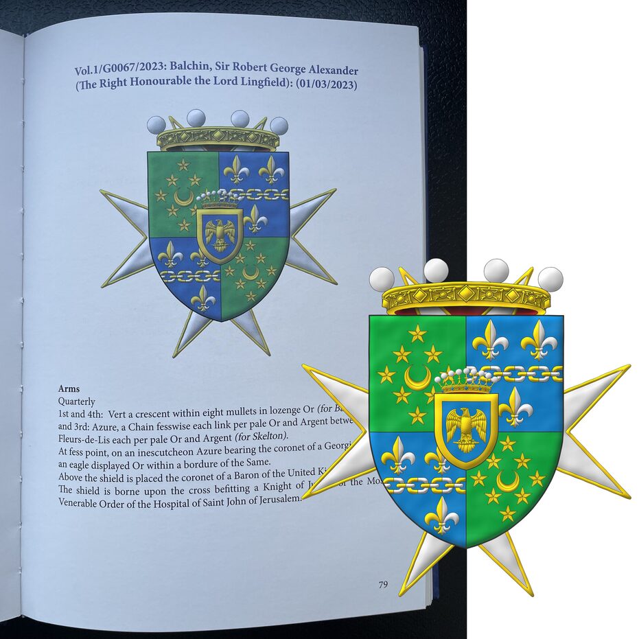 Quarterly: 1 and 4 Vert, a crescent within eight mullets in lozenge Or; 2 and 3 Azure, a chain fesswise throughout between three fleurs de lis, 2 and 1, all the links and fleurs de lis per pale Or and Argent; an inescutcheon Azure, charged with an eagle displayed within a bordure Or and crowned with a crown of count. Crest: A crown of Baron. Behind the shield the cross of a Knight of Justice of the Most Venerable Order of the Hospital of Saint John of Jerusalem.