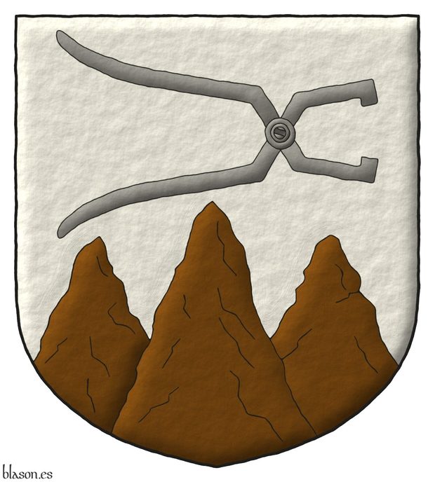 Escudete de plata, un monte de tres pe�as moviente de la punta surmontado de unos alicates abiertos, puestos en faja, alterados todo al natural.