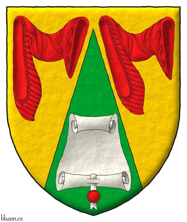 Escudo de oro, en una pira de sinople acompa�ada de dos mangas de gules, un pergamino abierto de plata, con un sello de lacre pendiente al natural.