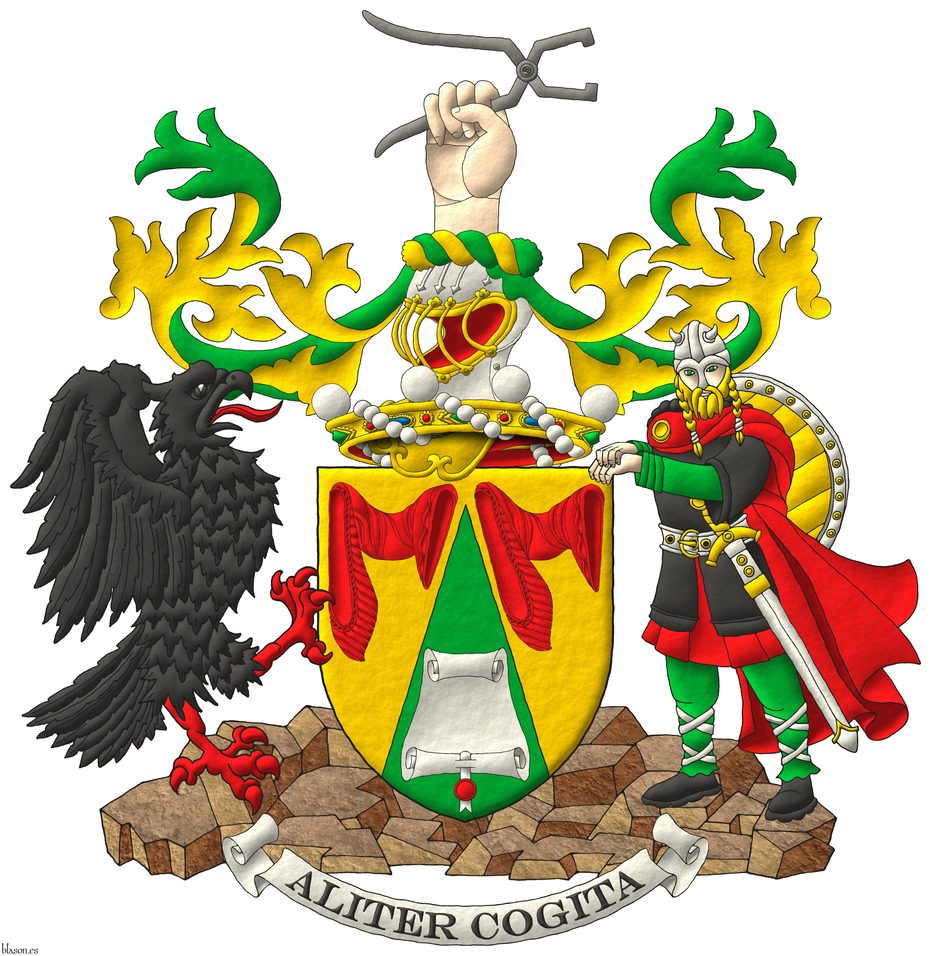Or, on a pile issuant from base Vert between two maunches Gules a displayed scroll Argent with seal pendant proper. Crest: Upon a helm befitting his degree issuant from a crown of Baron above the shield and with a wreath Or and Vert, a dexter hand couped holding a pair of open pliers proper. Supporters: Dexter an eagle with wings elevated and addorsed Sable, langued, membered, and armed Gules, and sinister a norseman proper, terraced by rocky ground. Motto: �Aliter Cogita�.