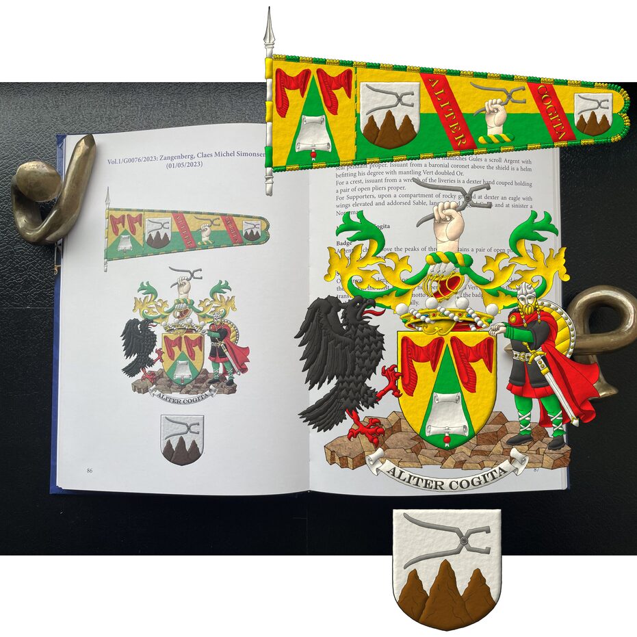 Or, on a pile issuant from base Vert between two maunches Gules a displayed scroll Argent with seal pendant proper. Crest: Upon a helm befitting his degree issuant from a crown of Baron above the shield and with a wreath Or and Vert, a dexter hand couped holding a pair of open pliers proper. Supporters: Dexter an eagle with wings elevated and addorsed Sable, langued, membered, and armed Gules, and sinister a norseman proper, both terraced by rocky ground. Motto: �Aliter Cogita�.