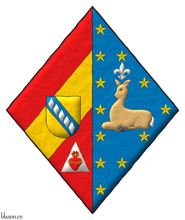 Party per pale: 1 Gules, a bend sinister debruised by an inescutcheon Or charged with a bend Azure charged with five fusils palewise Argent, in base on a triangle Argent the Sacred Heart of Jesus proper [for Adriaensen]; 2 Azure, a fleur de lis Argent above a doe sejeant proper surrounded by twelve mullets in orle Or [granted by Bourbon-Parma].
