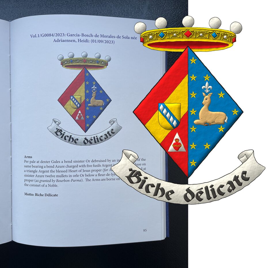 Escudo partido: 1o de gules, una barra de oro, en punta un tri�ngulo de plata cargado de un Sagrado Coraz�n de Jes�s al natural, brochante sobre el todo un escus�n de oro cargado de una banda de azur cargada de cinco fusos puestos en palo de plata [de Adriaensen]; 2o de azur, una cierva sentada al natural, surmontada de una flor de lis de plata, rodeada de doce estrellas en orla de oro [concesi�n de Borb�n-Parma]. Timbrado de una corona de noble. Lema: �Biche d�licate�.