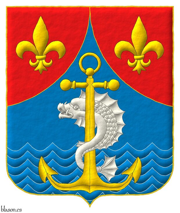 Azure, upon a sea in base an anchor palewise Or entwined by a dolphin Argent; chap� ploy� Gules, two fleurs de lis Or.