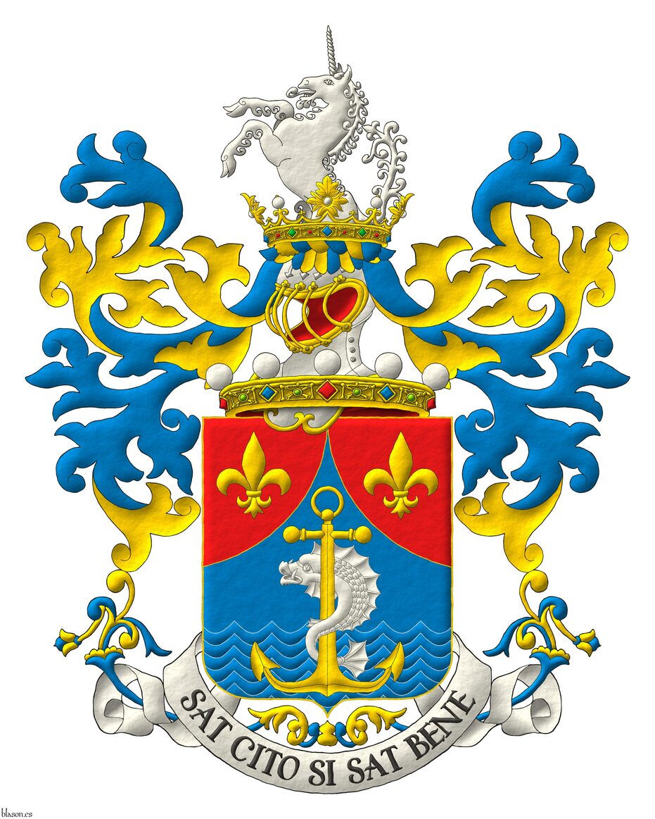 Azure, upon a sea in base an anchor palewise Or entwined by a dolphin Argent; chap� ploy� Gules, two fleurs de lis Or. Crest: Upon a helm befitting his degree issuant from a crown of Noble above the shield, with a wreath Or and Azure, a unicorn Argent, issuant from a crown of Duke. Mantling: Azure doubled Or. Motto: �Sat cito si sat bene�.