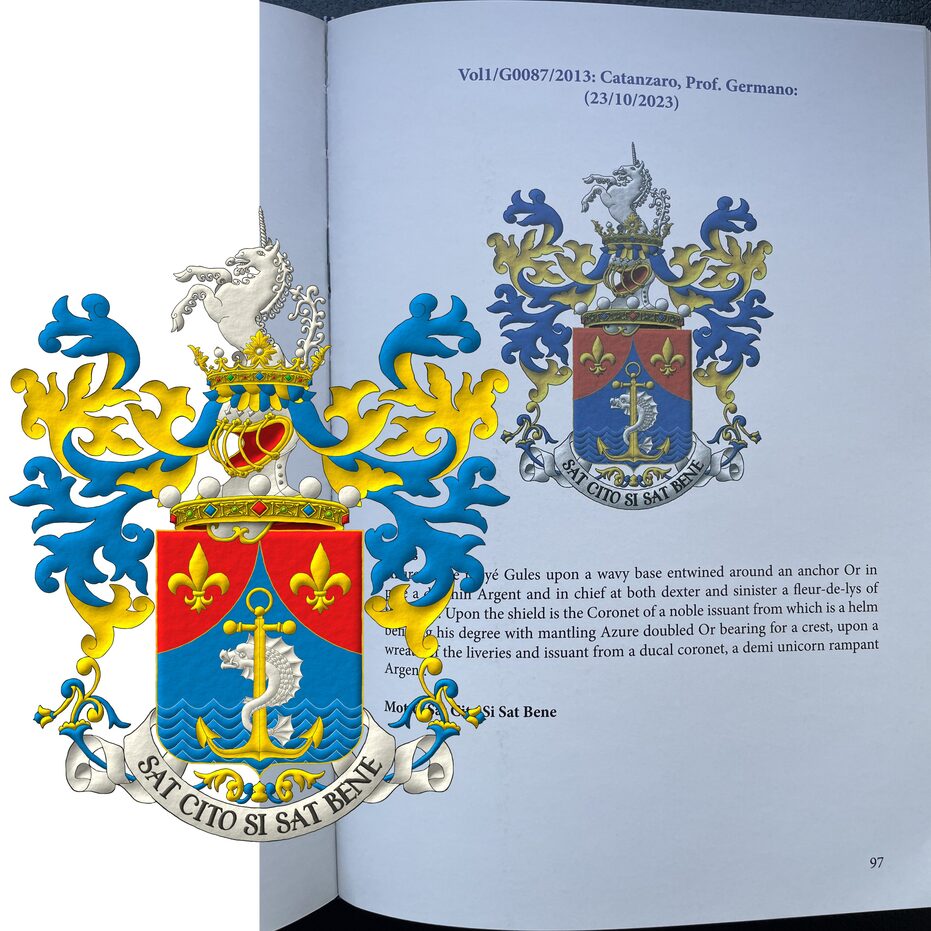 Azure, upon a sea in base an anchor palewise Or entwined by a dolphin Argent; chap� ploy� Gules, two fleurs de lis Or. Crest: Upon a helm befitting his degree issuant from a crown of Noble above the shield, with a wreath Or and Azure, a unicorn Argent, issuant from a crown of Duke. Mantling: Azure doubled Or. Motto: �Sat cito si sat bene�.