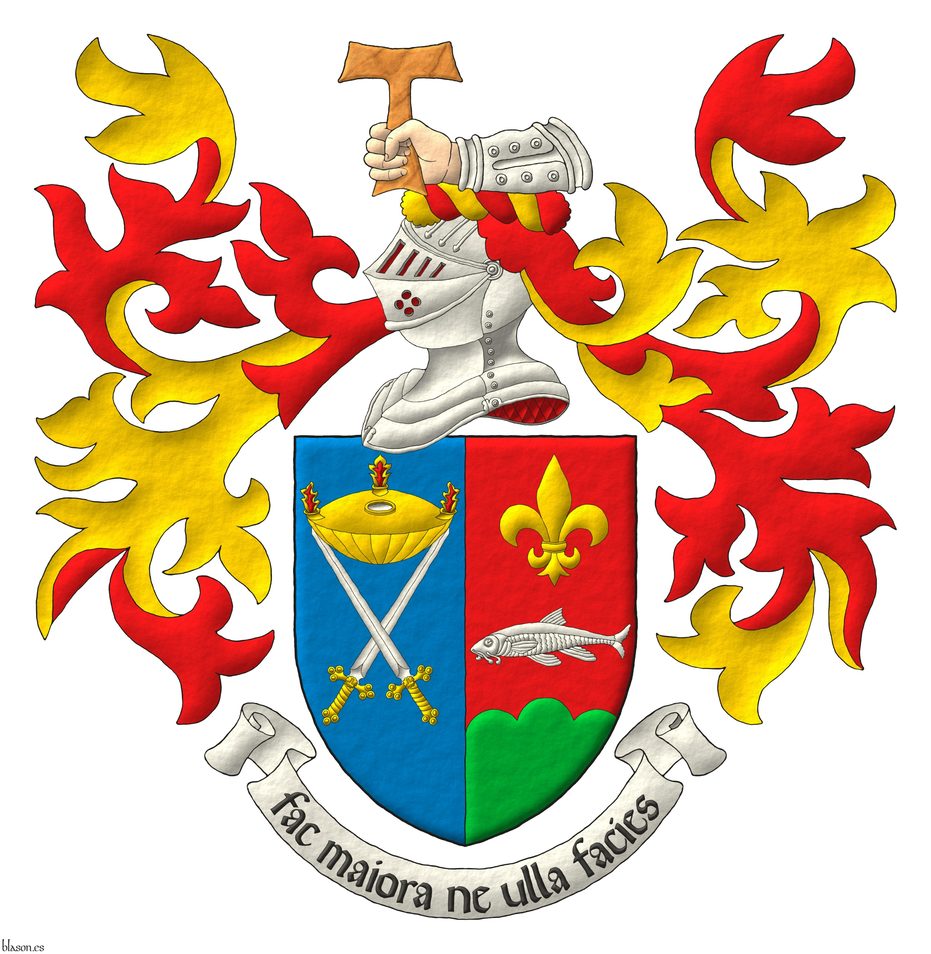 Escudo partido: 1o de azur, dos espadas en sotuer de plata, guarnecidas de oro sumadas de una lmpara de aceite (oleum lucerna) de oro, con su orificio de plata, encendida de tres llamas al natural; 2o de gules, en el ombligo, un barbo nadante de plata acompaado en jefe de una flor de lis de oro y en punta de un monte de tres peas moviente de la punta de sinople. Timbrado de un yelmo, acorde con el rango del esposo, adornado de dos lambrequines de gules doblados de oro, un burelete de oro y gules, cimado de un brazo armado al natural teniendo una cruz tau de madera de olivo en palo al natural. Lema: Fac maiora ne ulla facies.