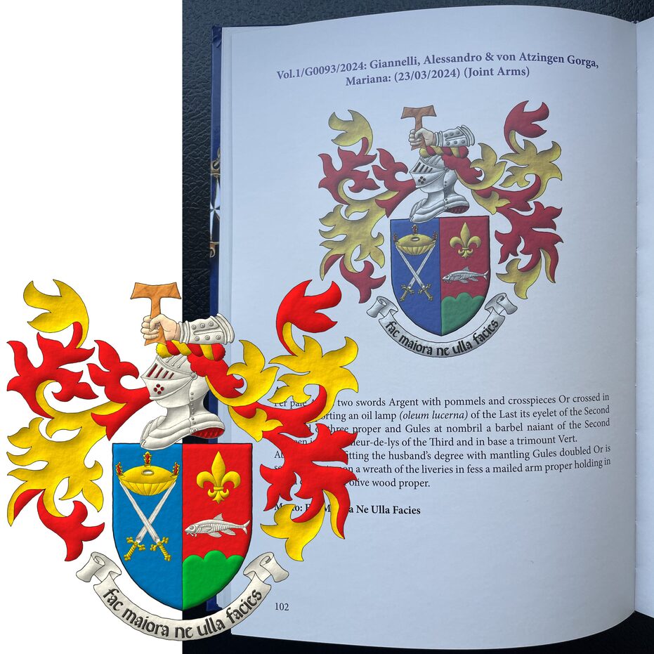 Party per pale: 1 Azure, on two swords in saltire Argent, hilted Or, an oil lamp (oleum lucerna) Or, its eyelet Argent, enflamed of three flames proper; 2 Gules, at the nombril, a barbel naiant Argent between in chief a fleur de lis Or, and in base a trimount Vert. Crest: Upon a helm, befitting the husband�s degree, with a wreath Or and Gules, an arm vambraced proper grasping a cross tau of olive wood in pale proper. Mantling: Gules doubled Or. Motto: �Fac maiora ne ulla facies�.