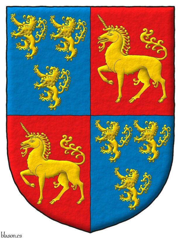 Escudo cuartelado: 1o y 4o de azur, tres leones rampantes de oro, 2 y 1; 2o y 3o de gules, un unicornio pasante de oro.