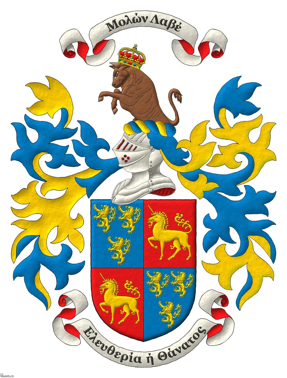 Escudo cuartelado: 1o y 4o de azur, tres leones rampantes de oro, 2 y 1; 2o y 3o de gules, un unicornio pasante de oro. Timbrado de un yelmo acorde con su rango, adornado de dos lambrequines de azur doblados de oro, un burelete de oro y azur, cimado de un toro saliente al natural, coronado de la corona del antiguo reino de Chipre. Lema: �Ελευθερία ή Θάνατος�. Grito de guerra sobre la cimera: �Μολών Λαβέ�.