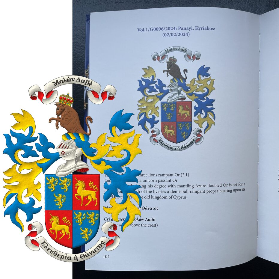Quarterly: 1 and 4 Azure, three lions rampant Or, 2 and 1; 2 and 3 Gules, a unicorn passant Or. Crest: Upon a helm befitting his degree, with a wreath Or and Azure, a demi-bull proper, crowned with the crown of the old kingdom of Cyprus. Mantling: Azure doubled Or. Motto: �Ελευθερία ή Θάνατος�. War cry above the crest: �Μολών Λαβέ�.