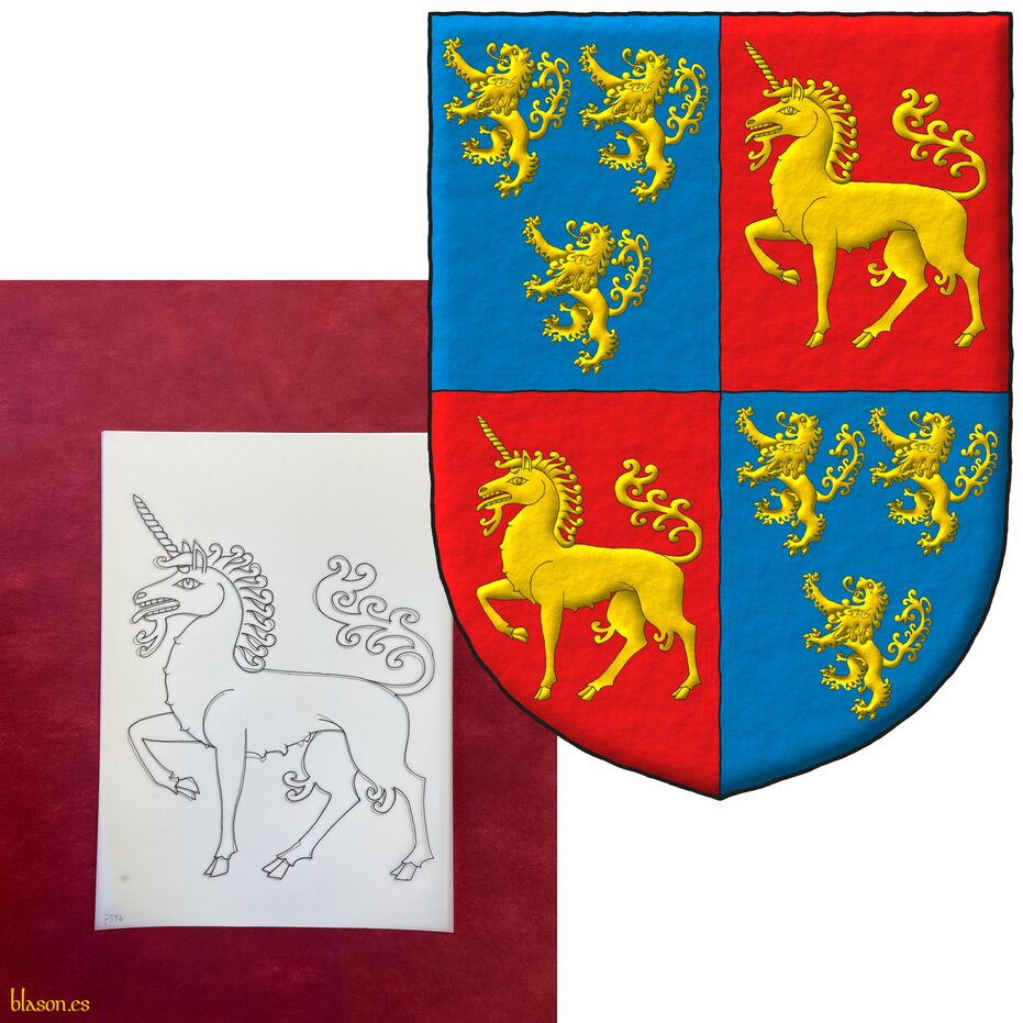 Quarterly: 1 and 4 Azure, three lions rampant Or, 2 and 1; 2 and 3 Gules, a unicorn passant Or.