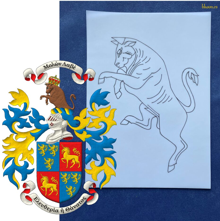 Escudo cuartelado: 1o y 4o de azur, tres leones rampantes de oro, 2 y 1; 2o y 3o de gules, un unicornio pasante de oro. Timbrado de un yelmo acorde con su rango, adornado de dos lambrequines de azur doblados de oro, un burelete de oro y azur, cimado de un toro saliente al natural, coronado de la corona del antiguo reino de Chipre. Lema: �Ελευθερία ή Θάνατος�. Grito de guerra sobre la cimera: �Μολών Λαβέ�.