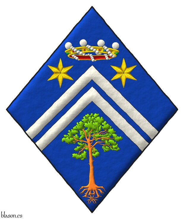 Azure, two chevronels Argent between in chief below a baronial coronet for difference two mullets of six points Or, and in base a Scots pine eradicated proper.