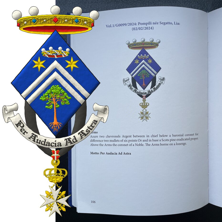 Escudo de azur, dos tenazas de plata, acompa�adas en jefe de dos estrellas de seis puntas de oro y en la punta un pino silvestre (Pinus sylvestris) arrancado al natural [concesi�n G0066]; brisado de una corona de bar�n. Timbrado de una corona de noble. Lema: �Per audacia ad astra�. Pendiente de la punta la cruz de dama de gracia y devoci�n de la Soberana y Militar Orden Hospitalaria de San Juan de Jerusal�n de Rodas y de Malta.