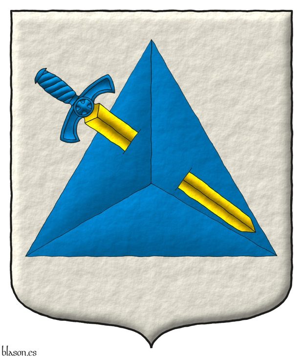 Argent, a tetrahedron Azure, pierced by a sword bendwise, point downwards Or, garnished Azure.