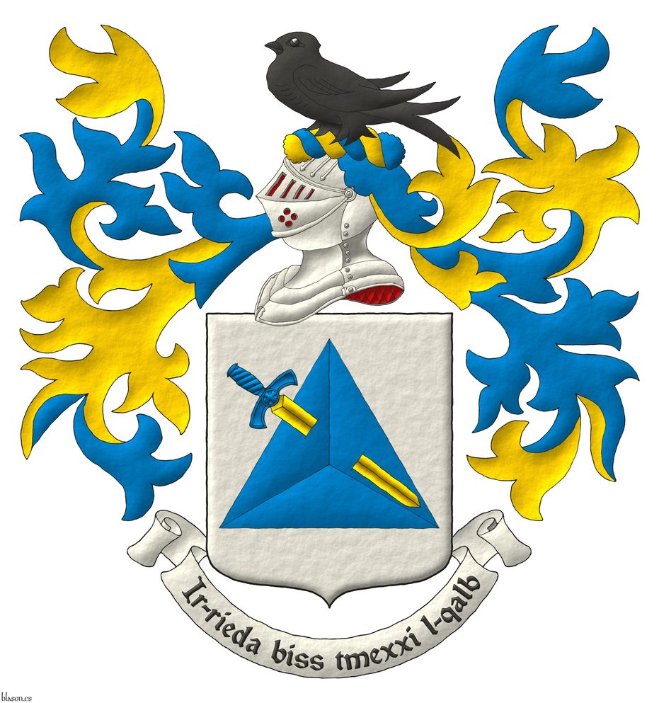 Argent, a tetrahedron Azure, pierced by a sword bendwise, point downwards Or, garnished Azure. Crest: Upon a helm befitting his degree, with a wreath Or and Azure, a martlet Sable. Mantling: Azure doubled Or. Motto: Ir-rieda biss tmexxi l-qalb.