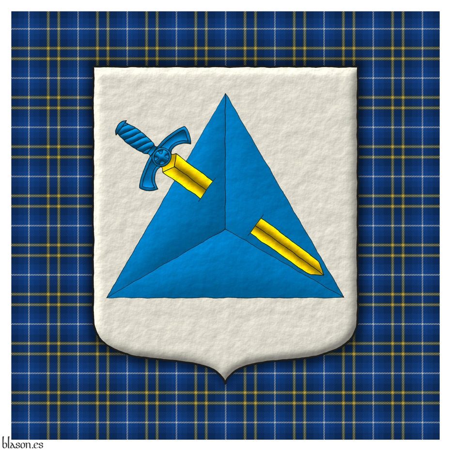Argent, a tetrahedron Azure, pierced by a sword bendwise, point downwards Or, garnished Azure.