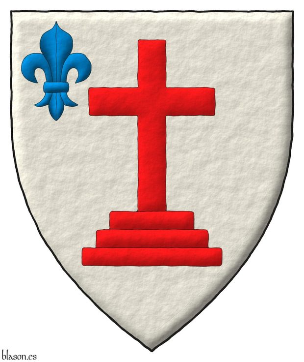 Argent, a cross calvary Gules, in the dexter of the chief a fleur de lis Azure.
