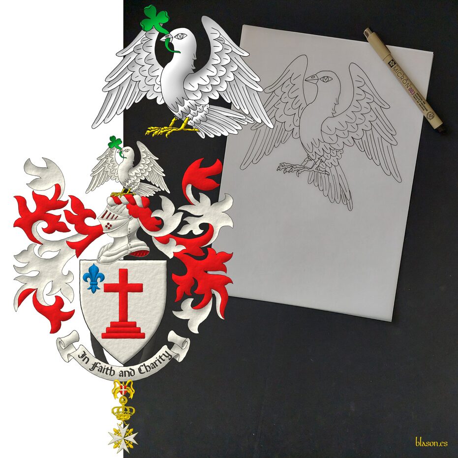 Argent, a cross calvary Gules, in the dexter of the chief, a fleur de lis Azure. Crest: Upon a helm befitting his degree, with a wreath Argent and Gules, a dove rising Argent, membered and armed Or, bearing in its beak a sprig of shamrock proper. Mantling: Gules doubled Argent. Motto: �In Faith and Charity�. Suspended from the shield the cross of Knight of Magistral Grace of the Sovereign Military Order of Malta.