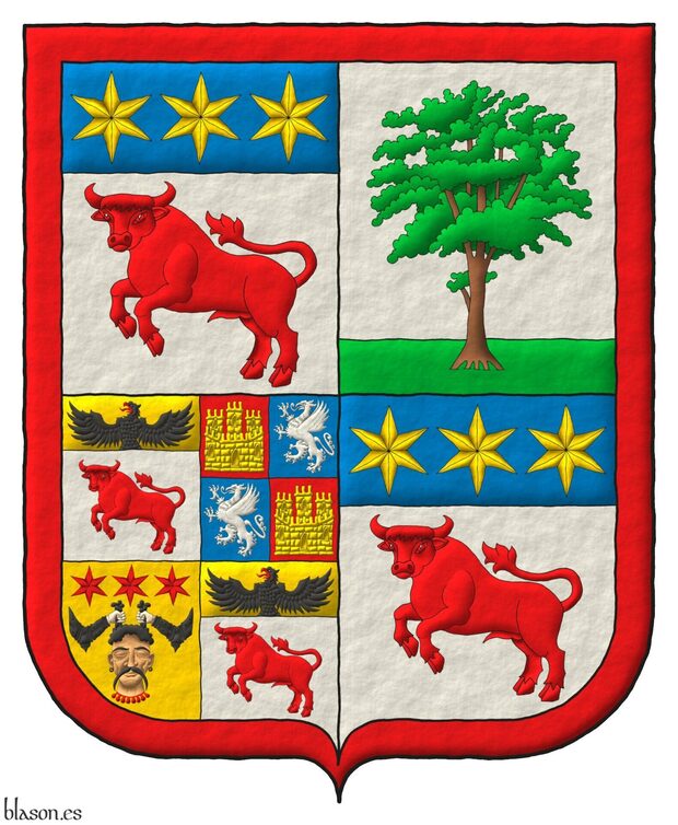 Escudo cuartelado: 1o y 4o de plata, un toro saliente, guardante de gules, en un jefe de azur, tres estrellas de oro [de Testaferrata, l�nea baronial]. 2o de plata, una morera al natural, terrazada de sinople [de Moroni]. 3o cuartelado: 1o y 4o de plata, un toro saliente, guardante de gules, en un jefe de oro, un �guila saliente de sable, picada y lampasada de gules [de Testaferrata, l�nea de los caballeros del Sacro Imperio Romano]; 2o cuartelado: i y iv de gules, un castillo de tres torres de oro, ii y iii de azur, un grifo rampante de plata [de Castelletti]; 3o de oro, una cabeza de frente, cortada y ensangrentada al natural, cabellada de sable, acompa�ada de dos brazos curvados al natural, armados de sable, teni�ndola por los cabellos, en jefe tres estrellas de gules [de Viani]. El todo brisado de una bordura de gules.