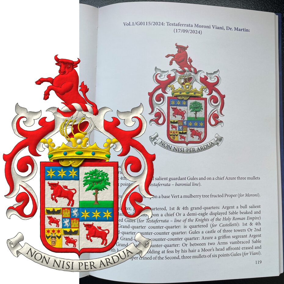 Escudo cuartelado: 1o y 4o de plata, un toro saliente, guardante de gules, en un jefe de azur, tres estrellas de oro [de Testaferrata, l�nea baronial]. 2o de plata, una morera al natural, terrazada de sinople [de Moroni]. 3o cuartelado: 1o y 4o de plata, un toro saliente, guardante de gules, en un jefe de oro, un �guila saliente de sable, picada y lampasada de gules [de Testaferrata, l�nea de los caballeros del Sacro Imperio Romano]; 2o cuartelado: i y iv de gules, un castillo de tres torres de oro, ii y iii de azur, un grifo rampante de plata [de Castelletti]; 3o de oro, una cabeza de frente, cortada y ensangrentada al natural, cabellada de sable, acompa�ada de dos brazos curvados al natural, armados de sable, teni�ndola por los cabellos, en jefe tres estrellas de gules [de Viani]. El todo brisado de una bordura de gules. Timbrado de un yelmo acorde con su rango saliente de la corona de patricio romano sumada al escudo y adornado de dos lambrequines de gules doblados de plata, un burelete de plata y gules, cimado de un toro saliente, guardante de gules. Lema: �Non nisi per ardua�.
