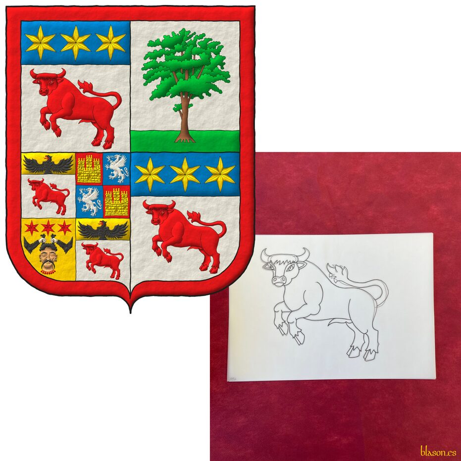 Quarterly: 1 and 4 Argent, a bull salient, guardant Gules, on a chief Azure, three mullets of six points Or [for Testaferrata, baronial line]. 2 Argent, a mulberry tree proper on a terrace in base Vert [for Moroni]. 3 quarterly: 1 and 4 Argent, a bull salient, guardant Gules, on a chief Or, a demi-eagle displayed Sable, beaked and langued Gules [for Testaferrata, line of the Knights of the Holy Roman Empire]; 2 quarterly: i and iv Gules, a castle of three towers Or, ii and iii Azure, a griffin segreant Argent [for Castelletti]; 3 Or, a head affronty, couped and vulned Proper, crined Sable between two arms embowed proper, vambraced Sable, grasping it by the hair, in chief three mullets of six points Gules [for Viani]. All within a bordure Gules for difference.