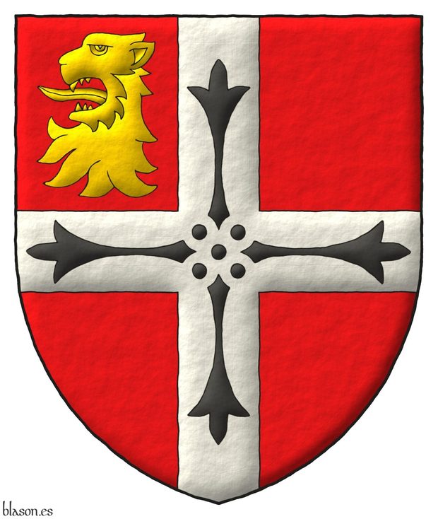 Gules, a cross Argent charged with four ermine spots in cross Sable, in the dexter of the chief a lions head erased Or.
