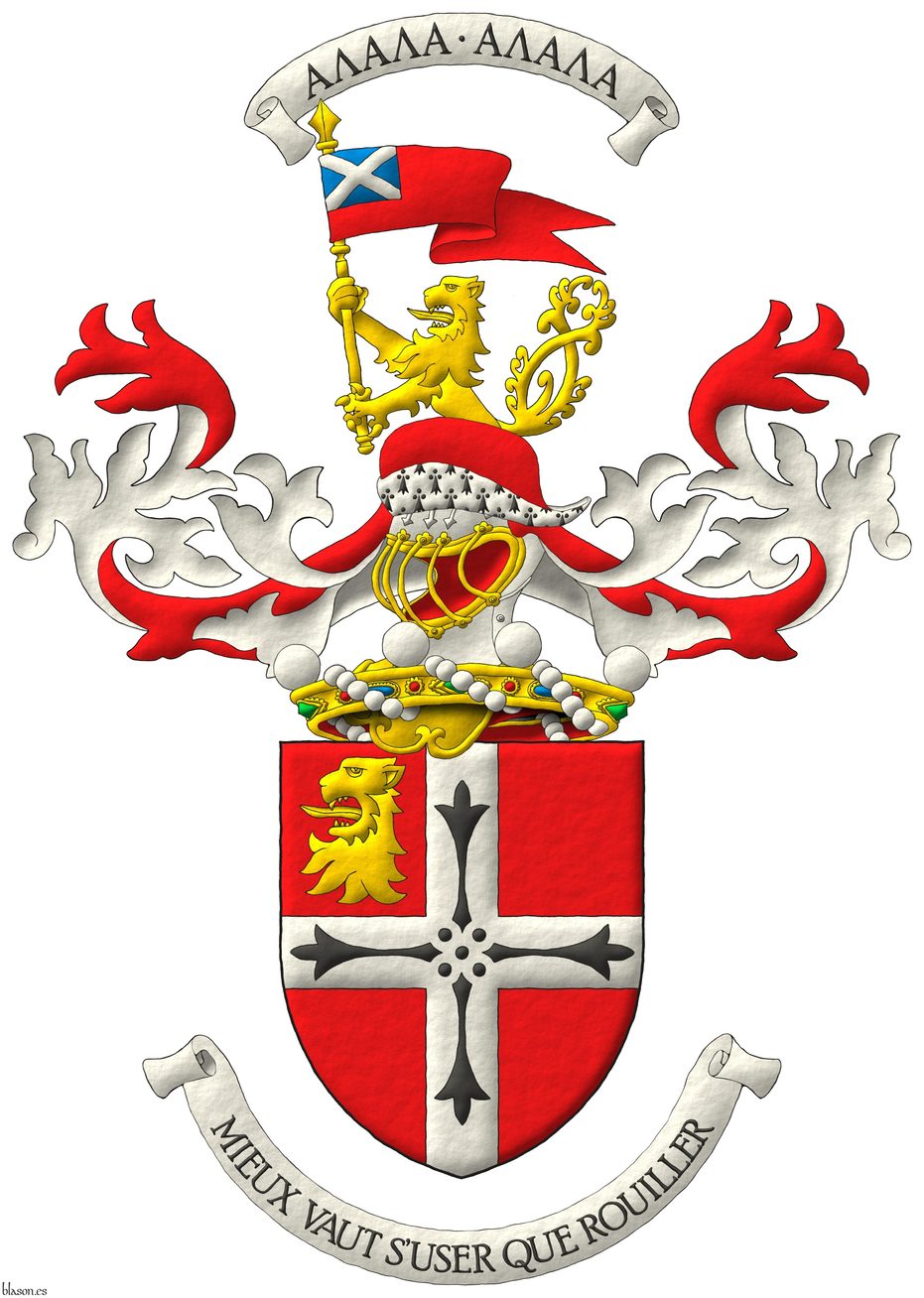 Gules, a cross Argent charged with four ermine spots in cross Sable, in the dexter of the chief a lions head erased Or. Crest: Upon a helm befitting his degree issuant from a crown of Baron above the shield, with a chapeau Gules turned up ermine, a demi-lion, double queued Or, grasping in its dexter paw a pennon Gules, bearing a canton Azure, charged with a saltire Argent. Mantling: Gules doubled Argent. War cry above the crest: ΑΛΑΛΑ ΑΛΑΛΑ. Motto: Mieux vaut suser que rouiller.