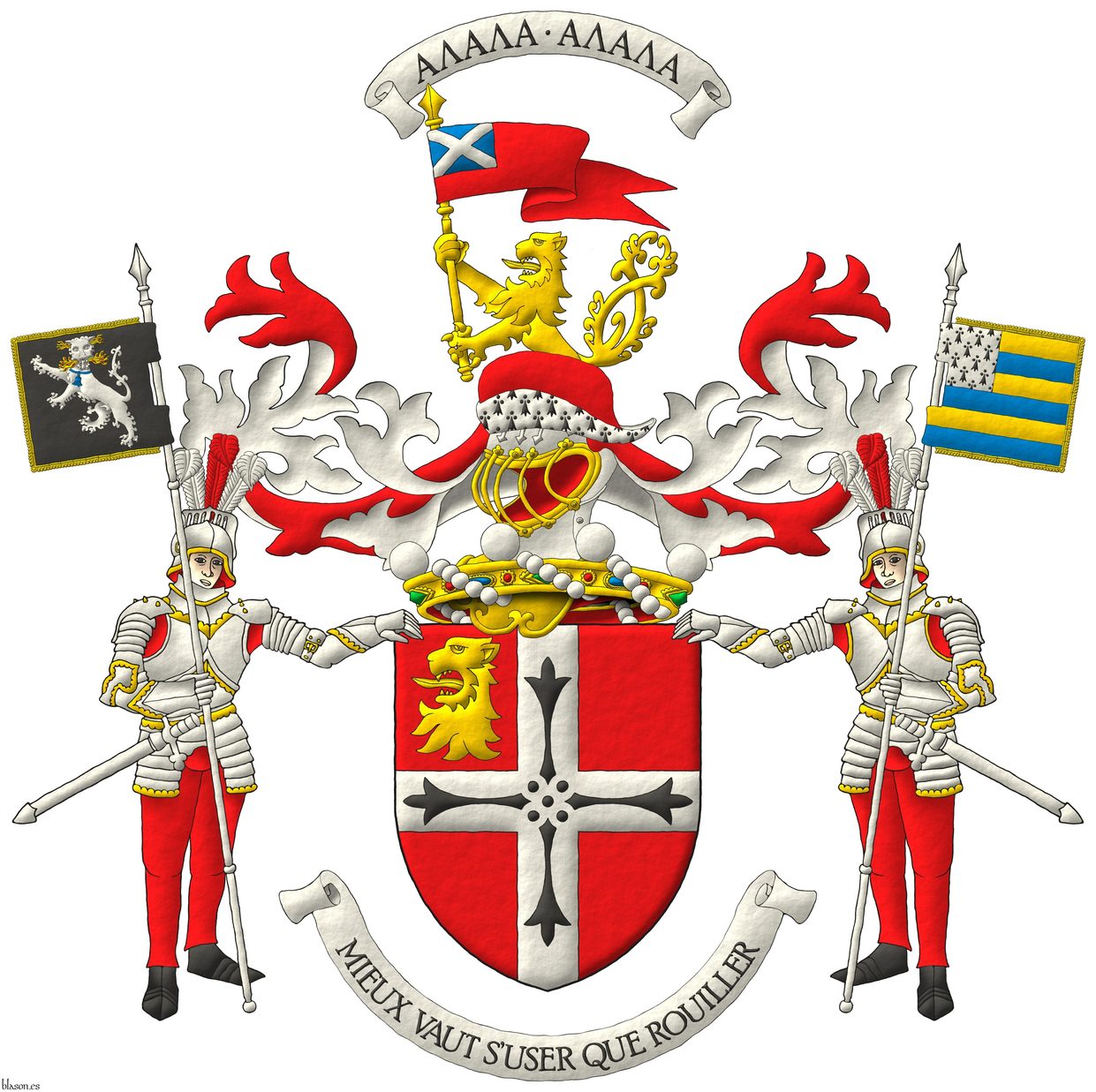 Gules, a cross Argent charged with four ermine spots in cross Sable, in the dexter of the chief a lions head erased Or. Crest: Upon a helm befitting his degree issuant from a crown of Baron above the shield, with a chapeau Gules turned up ermine, a demi-lion, double queued Or, grasping in its dexter paw a pennon Gules, bearing a canton Azure, charged with a saltire Argent. Mantling: Gules doubled Argent. War cry above the crest: ΑΛΑΛΑ ΑΛΑΛΑ. Motto: Mieux vaut suser que rouiller. Supporters: Two knights in three-quarter armour affronty proper, each holding with his outer hand a spear Argent bearing a banner, the dexter Sable, a panther rampant guardant Argent, incensed Or, collared, pendent therefrom a bell Azure, the sinister a banner barry of six Or and Azure, a canton Ermine.