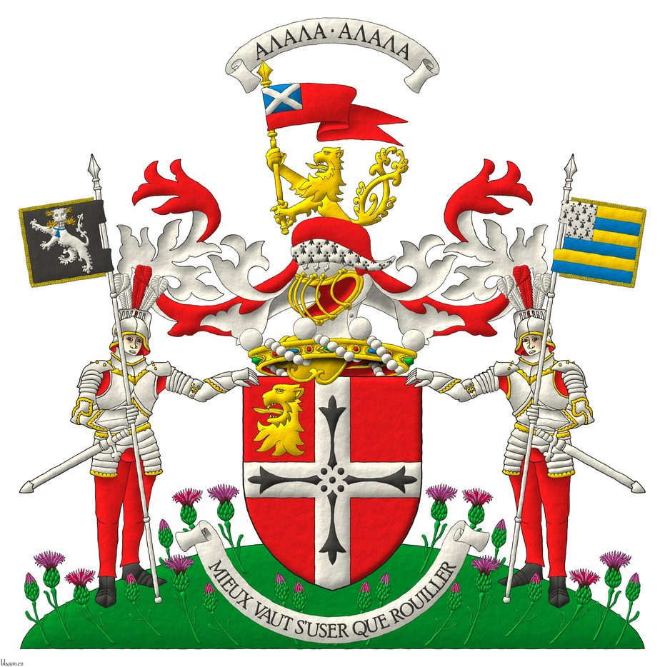 Gules, a cross Argent charged with four ermine spots in cross Sable, in the dexter of the chief a lions head erased Or. Crest: Upon a helm befitting his degree issuant from a crown of Baron above the shield, with a chapeau Gules turned up ermine, a demi-lion, double queued Or, grasping in its dexter paw a pennon Gules, bearing a canton Azure, charged with a saltire Argent. Mantling: Gules doubled Argent. War cry above the crest: ΑΛΑΛΑ ΑΛΑΛΑ. Motto: Mieux vaut suser que rouiller. Supporters: Two knights in three-quarter armour affronty proper, each holding with his outer hand a spear Argent bearing a banner, the dexter Sable, a panther rampant guardant Argent, incensed Or, collared, pendent therefrom a bell Azure, the sinister a banner barry of six Or and Azure, a canton Ermine, terraced Vert sem of Maltese Rock Centaury (Cheirolophus crassifolius) slipped proper.