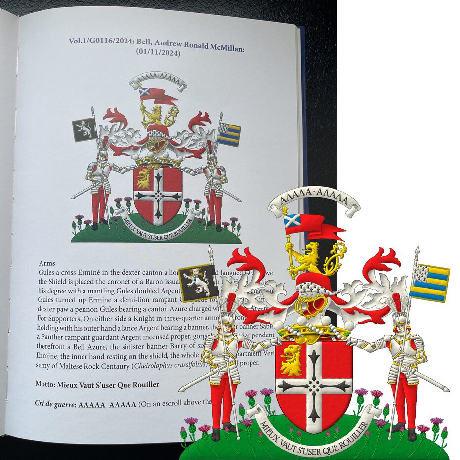 Gules, a cross Argent charged with four ermine spots conjoined in cross Sable, in the dexter of the chief a lion�s head erased Or. Crest: Upon a helm befitting his degree issuant from a crown of Baron above the shield, with a chapeau Gules turned up ermine, a demi-lion, double queued Or, grasping a pennon Gules, bearing a canton Azure, charged with a saltire Argent. Mantling: Gules doubled Argent. War cry above the crest: �&Alpha;&Lambda;&Alpha;&Lambda;&Alpha; � &Alpha;&Lambda;&Alpha;&Lambda;&Alpha;�. Motto: �Mieux vaut s�user que rouiller�. Supporters: Two knights in three-quarter armour affronty proper, each holding with his outer hand a spear Argent bearing a banner, the dexter Sable, a panther rampant guardant Argent, incensed Or, collared, pendent therefrom a bell Azure, the sinister a banner barry of six Or and Azure, a canton Ermine, terraced Vert sem� of Maltese Rock Centaury (Cheirolophus crassifolius) proper.