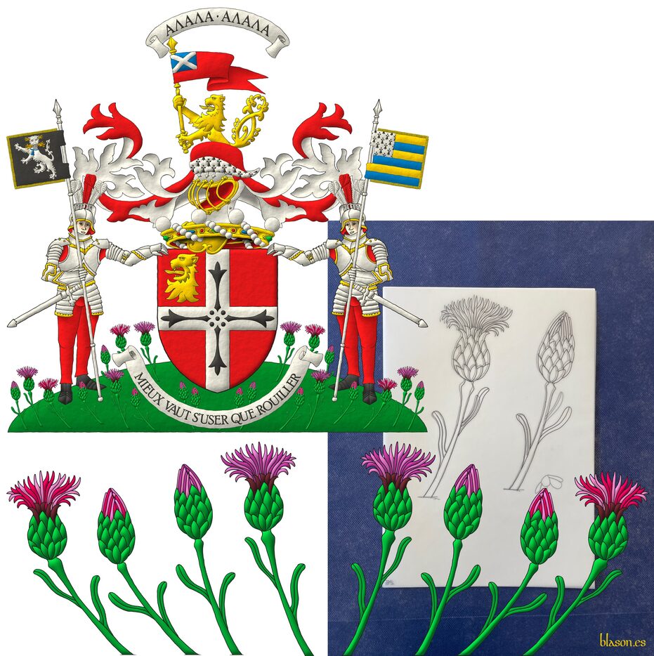 Gules, a cross Argent charged with four ermine spots conjoined in cross Sable, in the dexter of the chief a lion�s head erased Or. Crest: Upon a helm befitting his degree issuant from a crown of Baron above the shield, with a chapeau Gules turned up ermine, a demi-lion, double queued Or, grasping a pennon Gules, bearing a canton Azure, charged with a saltire Argent. Mantling: Gules doubled Argent. War cry above the crest: �&Alpha;&Lambda;&Alpha;&Lambda;&Alpha; � &Alpha;&Lambda;&Alpha;&Lambda;&Alpha;�. Motto: �Mieux vaut s�user que rouiller�. Supporters: Two knights in three-quarter armour affronty proper, each holding with his outer hand a spear Argent bearing a banner, the dexter Sable, a panther rampant guardant Argent, incensed Or, collared, pendent therefrom a bell Azure, the sinister a banner barry of six Or and Azure, a canton Ermine, terraced Vert sem� of Maltese Rock Centaury (Cheirolophus crassifolius) proper.