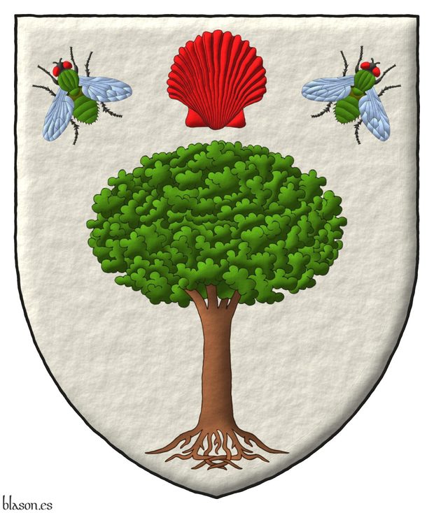 Argent, a tree eradicated proper, in chief an escallop reversed Gules, between two flies in pilewise proper.